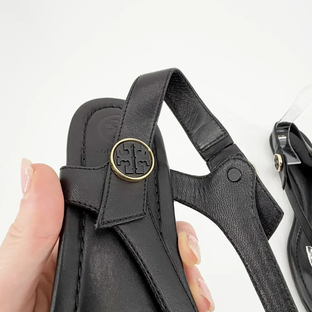 Tory Burch Minnie Travel Sandals Black Leather Thong Slingback Flat Shoes 6.5